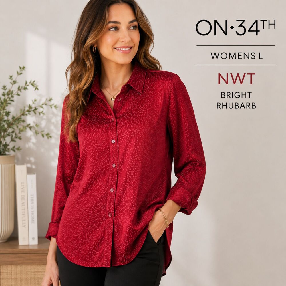 ON 34th Button Down Blouse Womens L Red Jacquard Dot Satin Work Shirt NWT Macy's